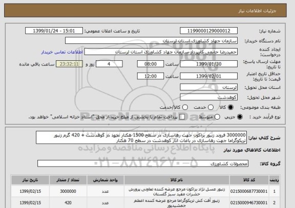 استعلام 3000000 فروند زنبور براکون جهت رهاسازی در سطح 1500 هکتار نخود در کوهدشت + 420 گرم زنبور تریکوگراما جهت رهاسازی در باغات انار کوهدشت در سطح 70 هکتار