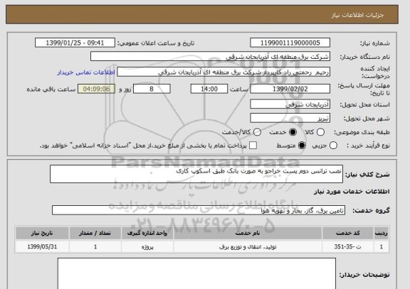 استعلام نصب ترانس دوم پست خراجو به صورت بانک طبق اسکوپ کاری
