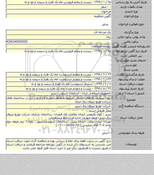 برون سپاری کارهای خدماتی مربوط به نظافت محیط کار و پذیرایی در ساختمان های  شرکت توزیع نیروی برق تبری