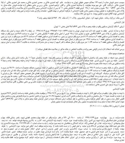 مزایده، مزایده فروش ملک مشاع به پلاک ثبتی 15476 / 45 مفروز و مجزی شده از 125 فرعی قطعه 9 تفکیکی