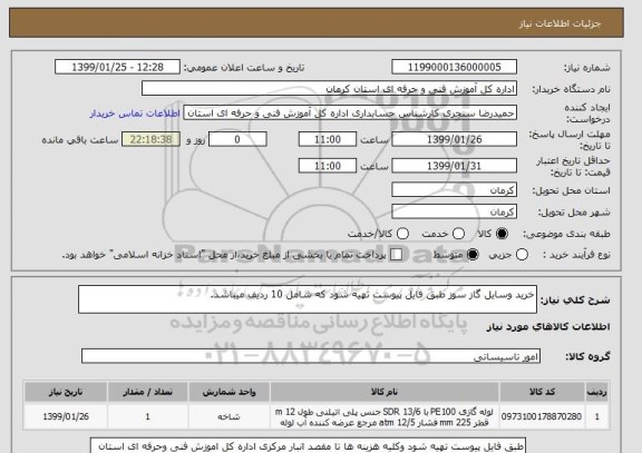 استعلام خرید وسایل گاز سوز طبق فایل پیوست تهیه شود که شامل 10 ردیف میباشد.