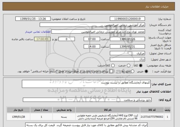 استعلام کیتهای آزمایشگاه مطابق با لیست پیوست