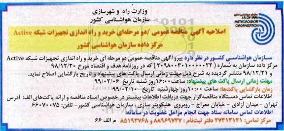 اصلاحیه مناقصه، مناقصه خرید و راه اندازی تجهزات شبکه active مرکز داده سازمان 