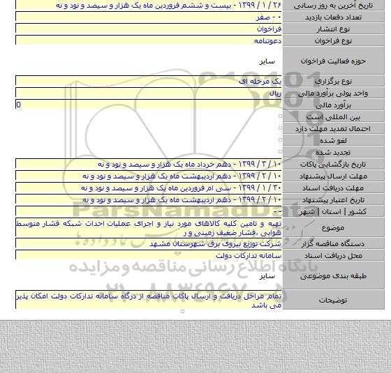 تهیه و تامین کلیه کالاهای مورد نیاز و اجرای عملیات  احداث شبکه فشار متوسط هوایی ،فشار ضعیف زمینی و ر