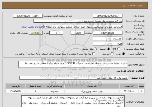 استعلام قرارداد عملیات نصب، تست و راه اندازی پست موقت 33/132 کیلو ولت پیام دزفول( مطابق شرح پیوست)