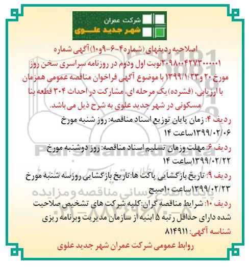اصلاحیه فراخوان مناقصه , فراخوان مناقصه مشارکت در احداث 304 قطعه بنا مسکونی
