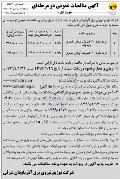  مناقصه ، مناقصه خرید مقره 20 کیلوولت میخی پلیمری و ... 