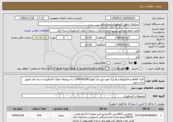 استعلام کلیه کالاها و فاکتورها و مدارک مورد نیاز باید مورخ 1399/01/28 به سازمان جهاد کشاورزی استان قم تحویل داده شود.  