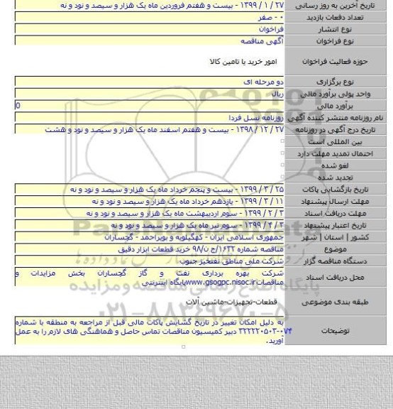 مناقصه شماره ۱۶۳۲/ج ن/۹۸ خرید قطعات ابزار دقیق