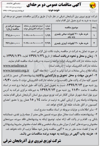 آگهی مناقصات عمومی ، مناقصه خرید مقره نوبت دوم 