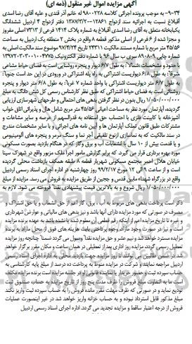 مزایده مزایده ششدانگ یکبابخانه پلاک 1414 فرعی