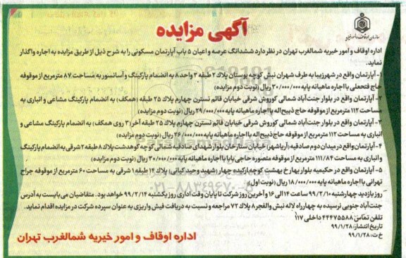 مزایده مزایده فروش 5 باب آپارتمان مسکونی 
