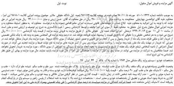 مزایده، مزایده فروش خودرو سواری پراید رنگ مشکی مدل 1384