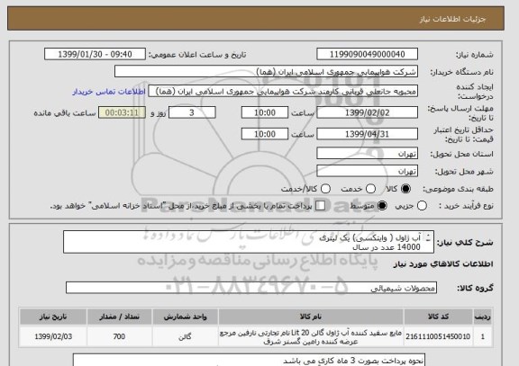 استعلام آب ژاول ( وایتکسی) یک لیتری 
14000 عدد در سال 
در 10 مرحله 1400 عدد