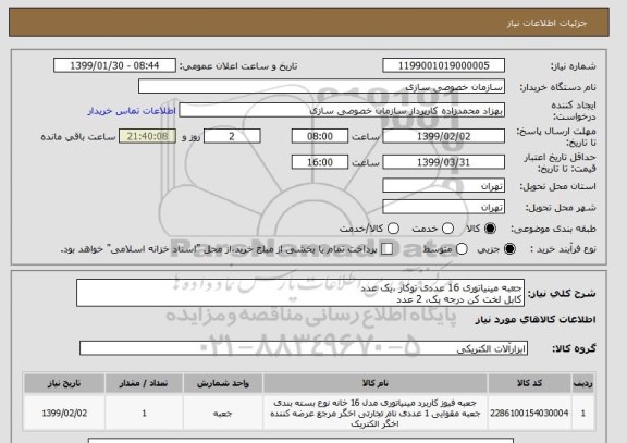 استعلام جعبه مینیاتوری 16 عددی توکار ،یک عدد
کابل لخت کن درجه یک، 2 عدد
