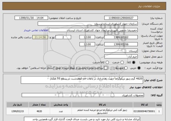 استعلام 4620 گرم زنبور تریکوگراما جهت رهاسازی در باغات انار کوهدشت در سطح 70 هکتار
