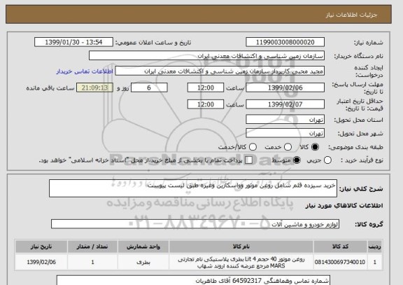 استعلام خرید سیزده قلم شامل روغن موتور وواسکازین وغیره طبق لیست پیوست
