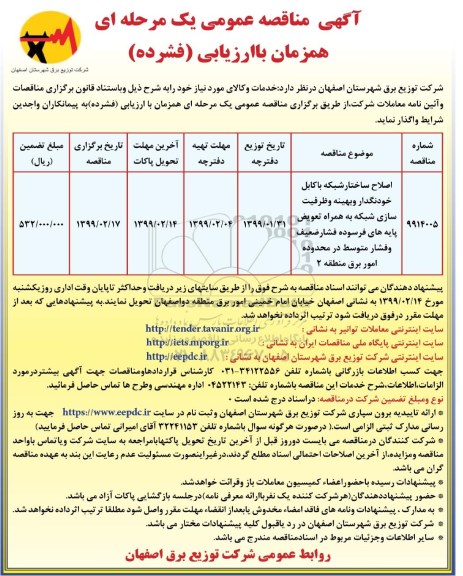 مناقصه عمومی, مناقصه اصلاح ساختار شبکه با کابل خودنگهدار و بهینه و ظرفیت سازی شبکه ...