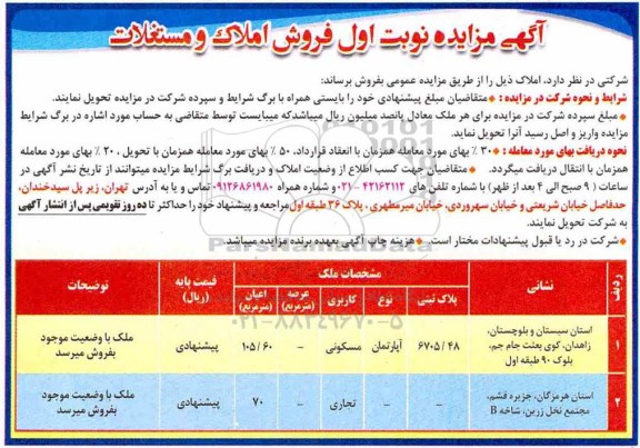 مزایده ،مزایده فروش املاک ومستغلات مسکونی و تجاری