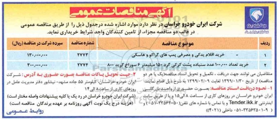 مناقصات عمومی ،مناقصه خرید اقلام یدکی و مصرفی پمپ های گراکو و هاسکی ...