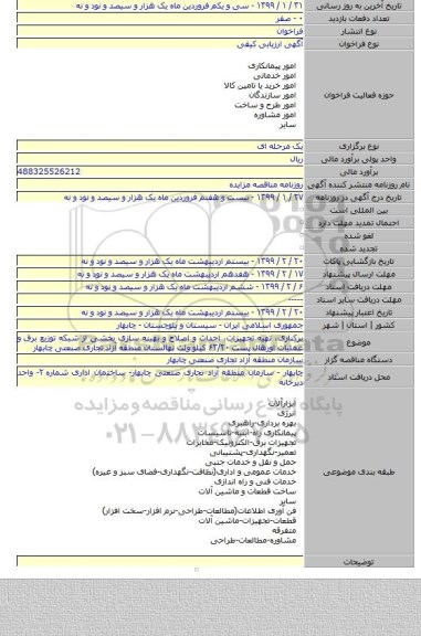 برکناری٬ تهیه تجهیزات٬ احداث و اصلاح و بهینه سازی بخشی از شبکه توزیع برق و عملیات اورهال پست ۶۳/۲۰ کیلو ولت نهالستان منطقه آزاد تجاری صنعتی چابهار