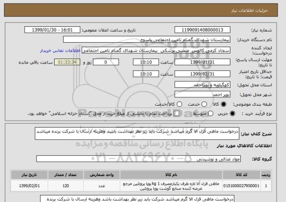 استعلام درخواست ماهی قزل الا گرم میباشد شرکت باید زیر نظر بهداشت باشد وهزینه ارسال با شرکت برنده میباشد