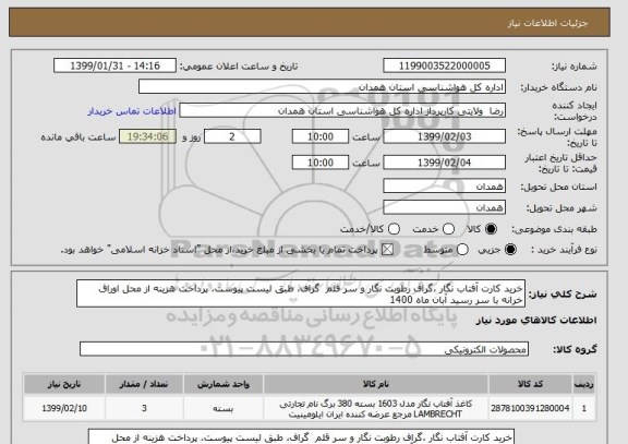 استعلام خرید کارت آفتاب نگار ،گراف رطوبت نگار و سر قلم  گراف، طبق لیست پیوست، پرداخت هزینه از محل اوراق خرانه با سر رسید آبان ماه 1400