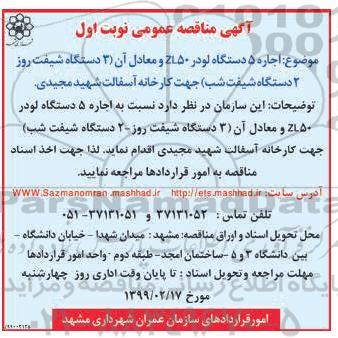 مناقصه عمومی , مناقصه اجاره 5 دستگاه لودر ZL50 ...