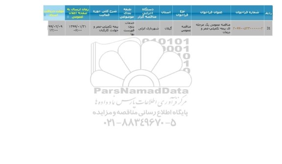 آگهی مناقصه عمومی ,مناقصه عمومی یک مرحله ای بیمه تکمیلی -عمر و درمان