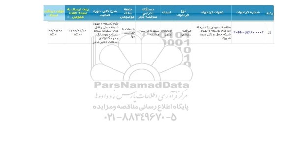 مناقصه طرح توسعه و بهبود شبکه حمل و نقل درون شهری