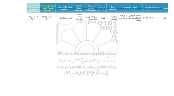 مناقصه واگذاری خدمات پذیرایی و نظافت 