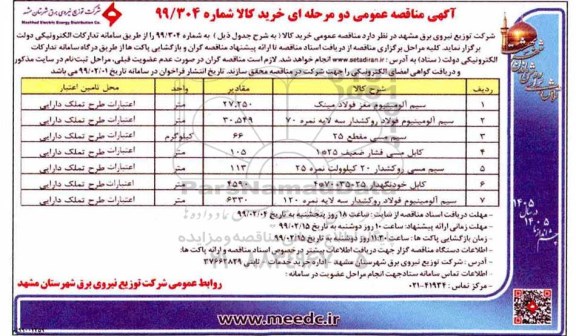آگهی مناقصه عمومی , مناقصه سیم آلومینیوم مغز فولاد مینک...