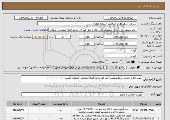 استعلام خرید لوازم جهت روابط عمومی شرکت شهرکهای صنعتی استان کرمان