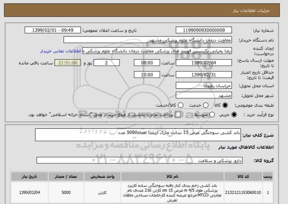 استعلام باند کشی سوختگی عرض 15 سانت مارک اریسا تعداد5000 عدد