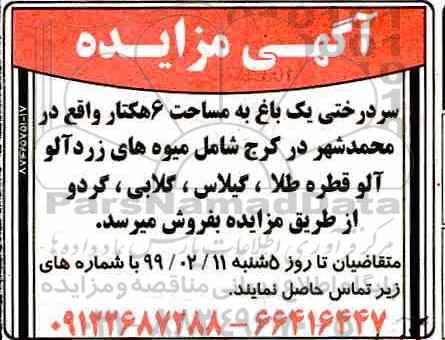آگهی مزایده,مزایده سردرختی یک باغ به مساحت 6 هکتار