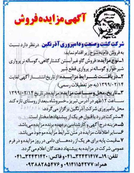 مزایده , مزایده فروش گاو غیر آبستن کشتارگاهی ...