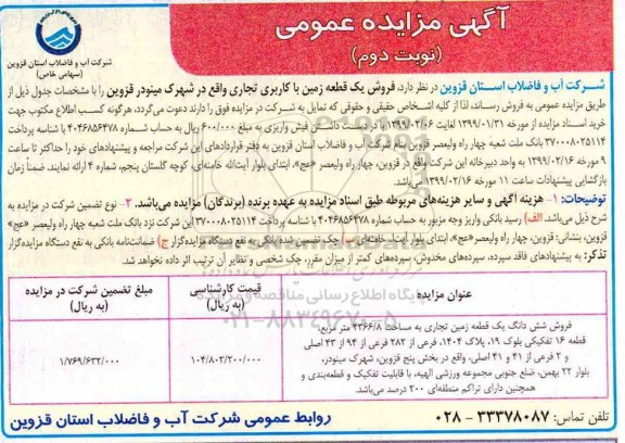 مزایده, مزایده فروش یک قطعه زمین با کاربری تجاری
