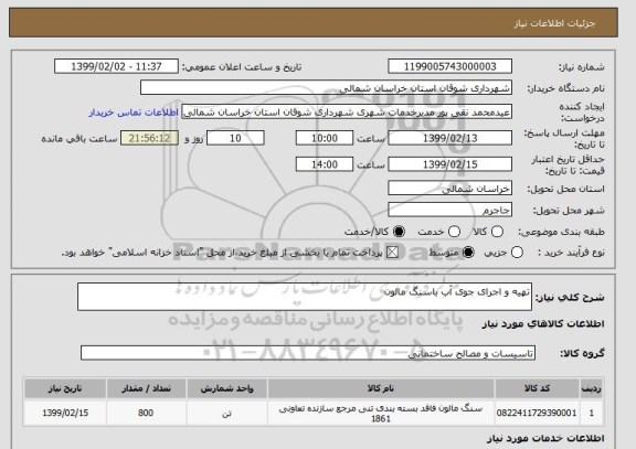 استعلام تهیه و اجرای جوی آب باسنگ مالون