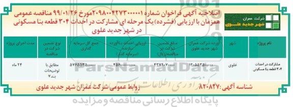 اصلاحیه فراخوان مناقصه , اصلاحیه فراخوان مناقصه مشارکت در احداث 304 قطعه بنا مسکونی 