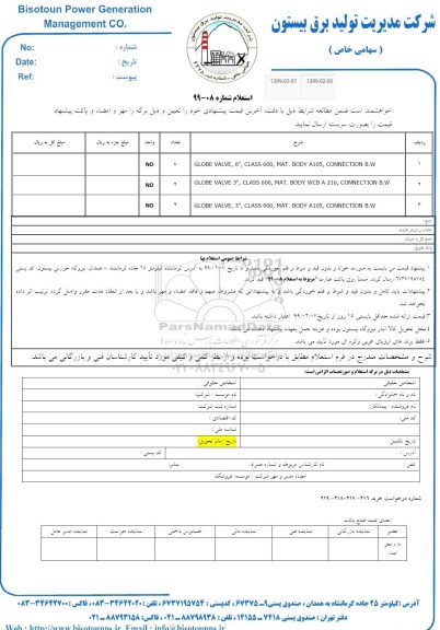 استعلام ، استعلام GLOBE VALVE 6 , CLASS 600 , MAT.BODY A105 , CONNECTION B.W