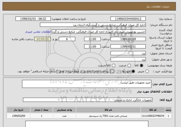 استعلام خرید تجهیزات طبق لیست
