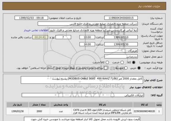 استعلام کابل بمقدار 2000 متر (MODBUS CABLE 5000  490 NAAZ 7106) بشرح پیوست