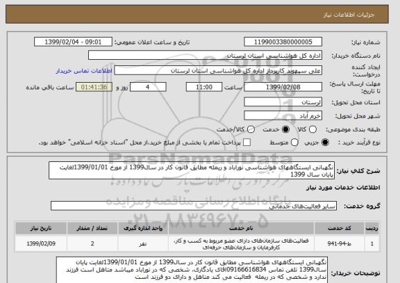 استعلام نگهبانی ایستگاههای هواشناسی نوراباد و ریمله مطابق قانون کار در سال1399 از مورخ 1399/01/01لغایت پایان سال 1399