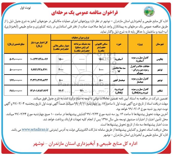 فراخوان مناقصه اجرای عملیات مکانیکی در حوزه های آبخیز 
