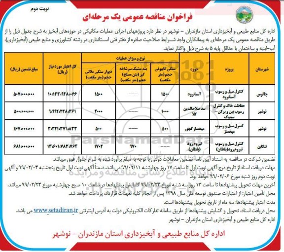 فراخوان مناقصه اجرای عملیات مکانیکی در حوزه های آبخیز - نوبت دوم 