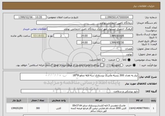 استعلام نیاز به تعداد 300 بسته ماسک پرستاری سه لایه سایز 9*18 