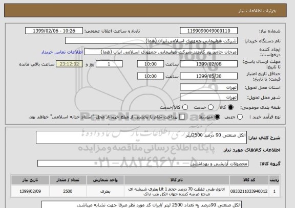 استعلام الکل صنعتی 90 درصد 2500لیتر