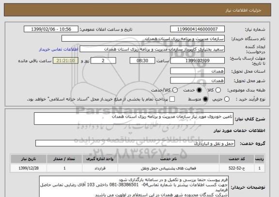 استعلام تامین خودروی مورد نیاز سازمان مدیریت و برنامه ریزی استان همدان