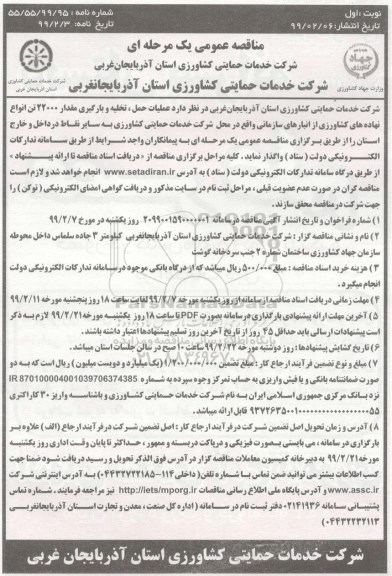 مناقصه عمومی, مناقصه  عملیات حمل، تخلیه و بارگیری مقدار 22000 تن انواع نهاده های کشاورزی