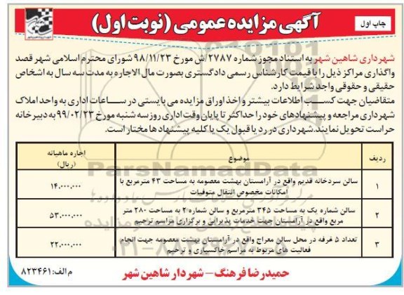 مزایده سالن سردخانه و ....